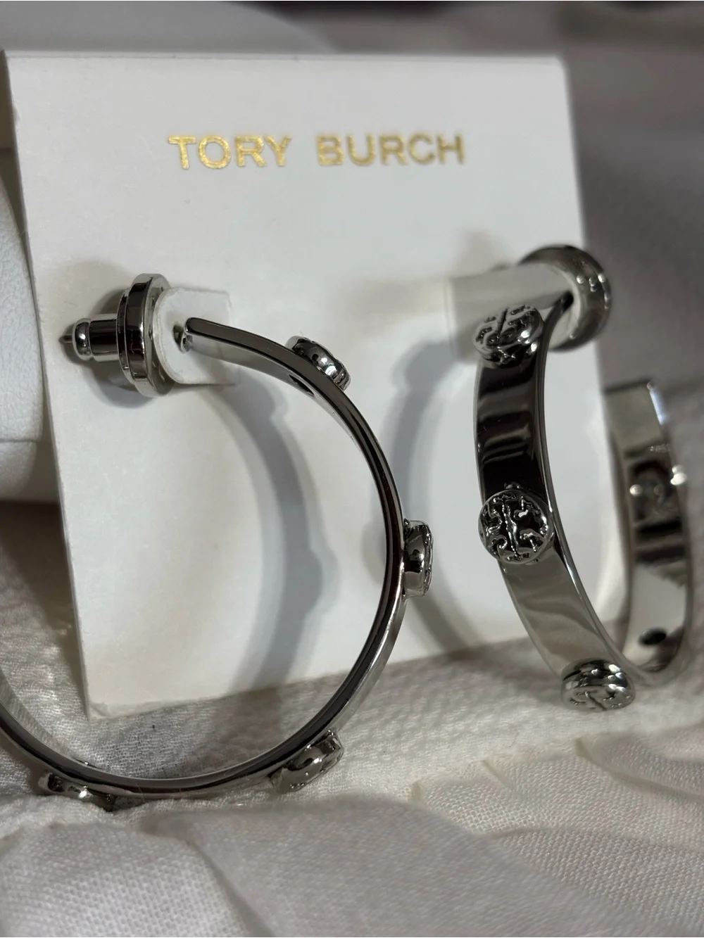 Tory Burch Silver Logo Large Hoop Earrings